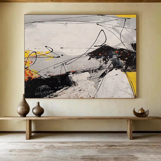 “Black, White, Yellow Gestural ‘Dynamic Dissonance’” - Abstract Gestural Painting On Canvas DLZ030