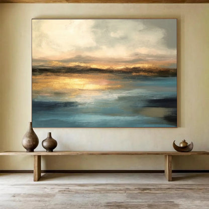“Golden Sunset Reflection” Abstract Landscape Painting On Canvas DKH340