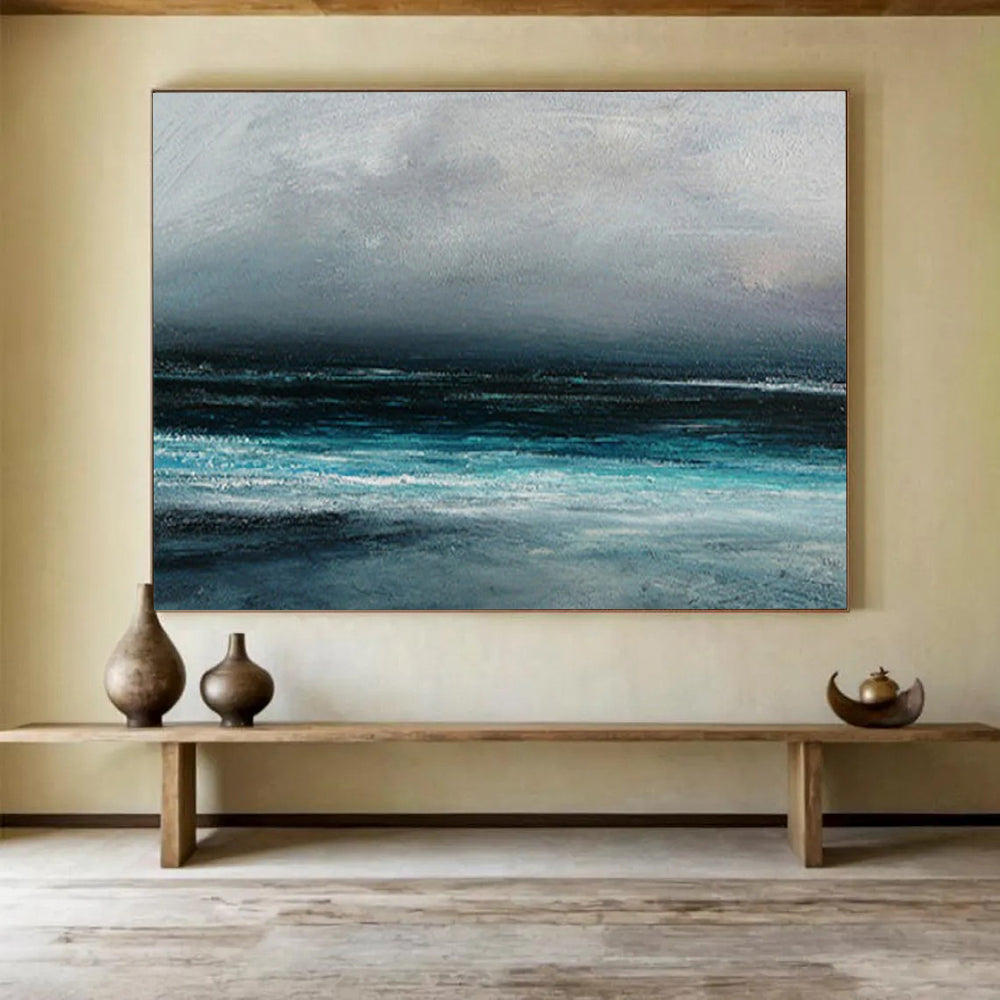“Gray, Blue, Stormy Ocean ‘Dark Maritime Mood’” - Impressionist Seascape Painting On Canvas DLZ035
