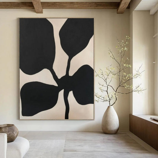 “Black Flower - like Forms on Light Background” - Minimalist Abstract Painting On Canvas DKH1077
