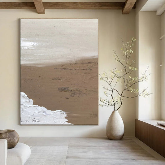 “Beige, White Textured Coast ‘Sunlit Serenity’” - Impasto Abstract Painting On Canvas DTP375