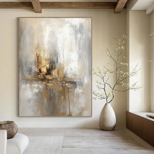 Grey, Gold, White & Red Abstract Reflection - "Ethereal Reflections" - Abstract Oil Painting CT1463