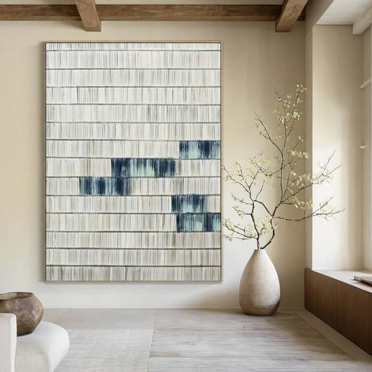 “Blue - Accented Textured Stripes” - Gray & Blue Minimalist Textured Painting On Canvas DKH1033