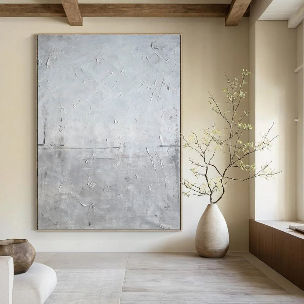 “White Textured Stillness” - Gray & White Minimalist Textured Painting On Canvas DKH1581