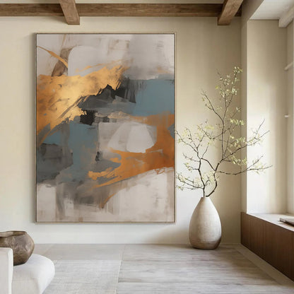 “Gray - Gold Abstract Shapes” - Modernist Abstract Painting On Canvas DTP136