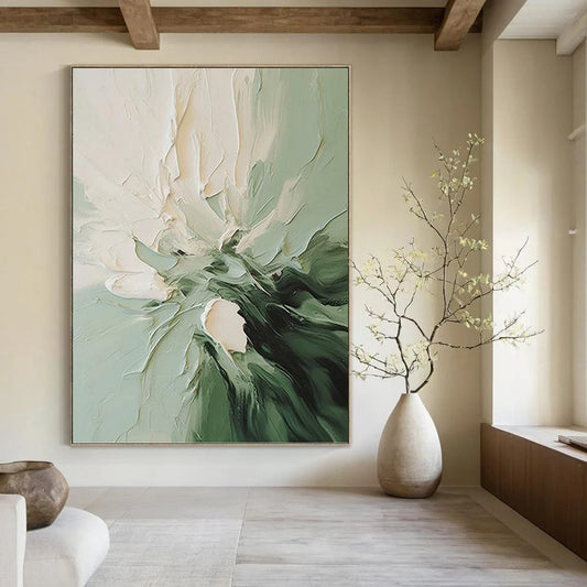 “Green & White Floral Impasto” - Green & White Textured Flower Painting On Canvas DKH1185
