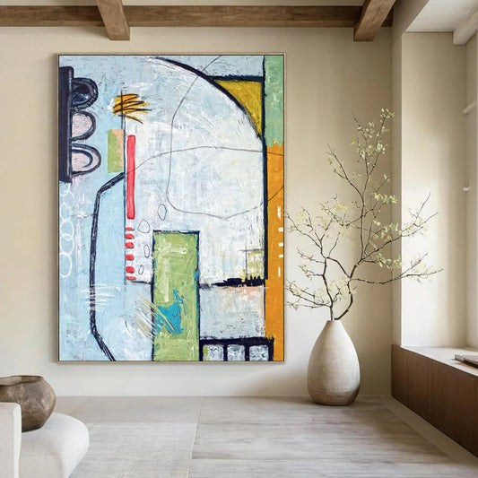 Urban Abstract with Traffic Light Motif - Blues, Greens, and Pops of Red Painting On Canvas CT2374