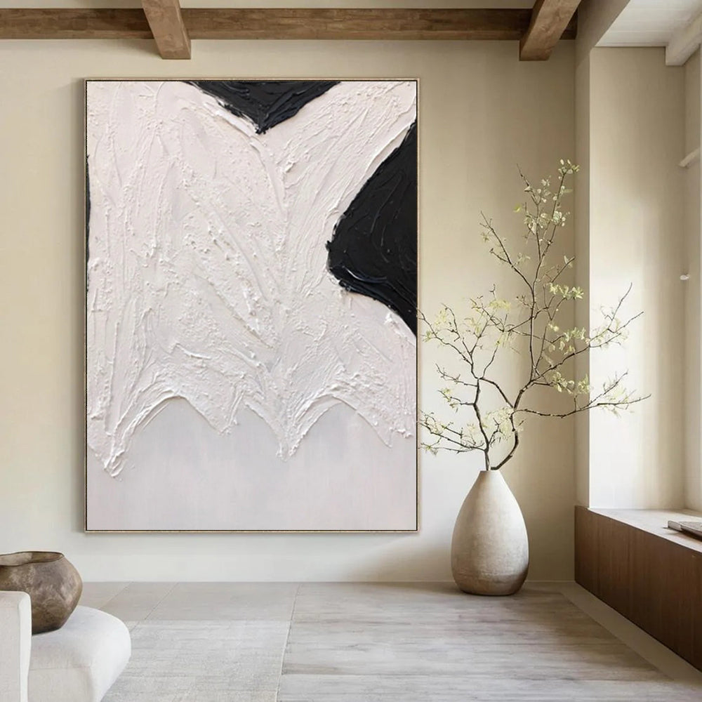 “Black, White Textured Shapes ‘Abstract Wings’” - Impasto Abstract Painting On Canvas DTP405