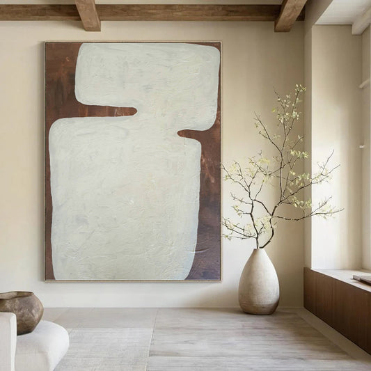 “White Abstract Shape on Brown Background” - Minimalist Abstract Painting On Canvas DKH1082