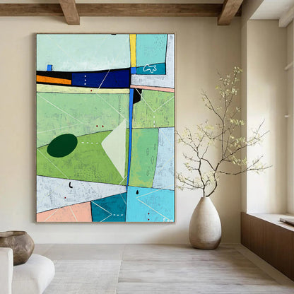 “Green - Dominant Abstract with Colorful Geometric Shapes” - Vibrant Abstract Landscape - Inspired Painting On Canvas DKH1104