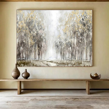 “Golden Forest Path” - Gray, Gold, Green Textured Landscape Painting On Canvas DKH737