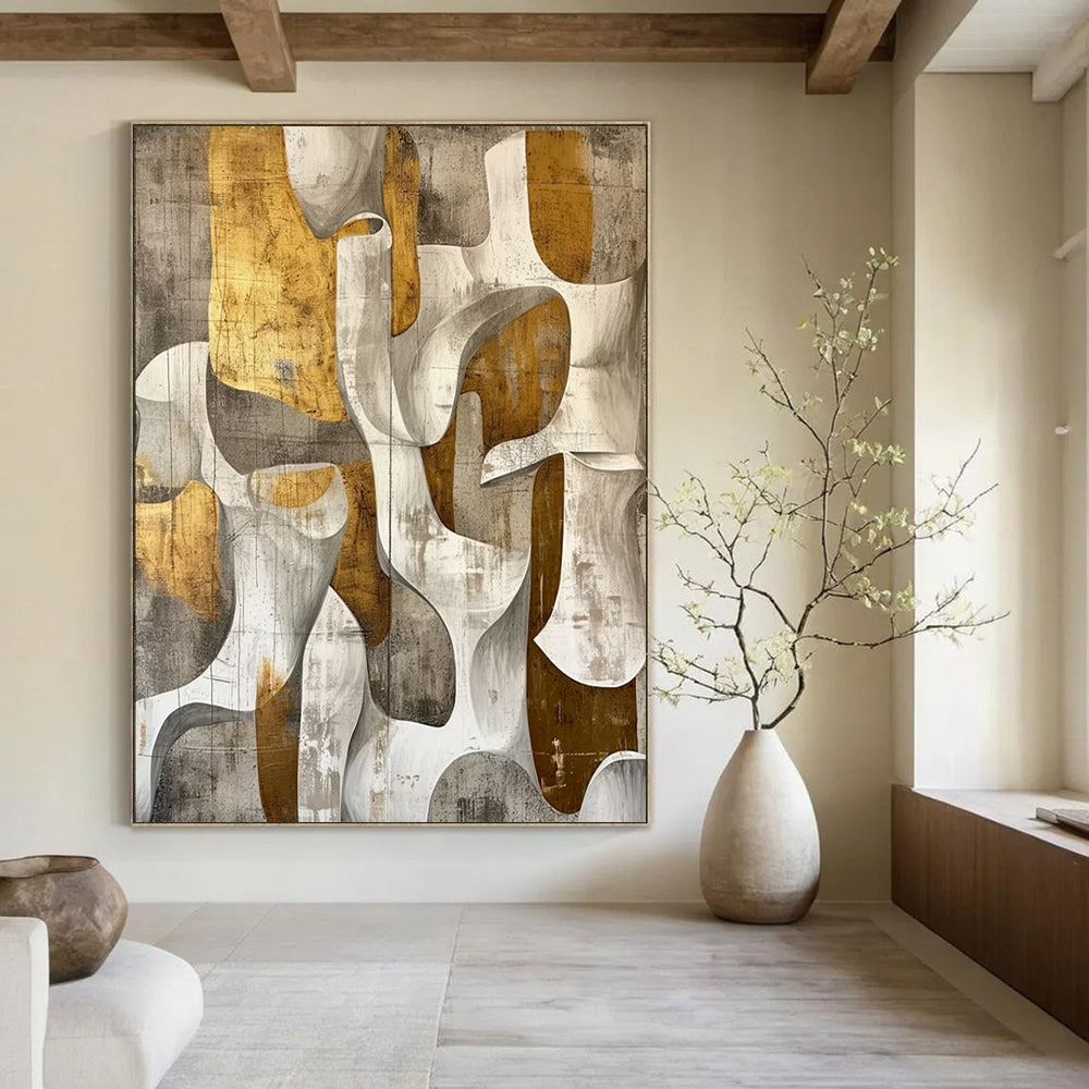 “Gold - Gray Abstract Shapes” - Modernist Impasto Painting On Canvas DTP011