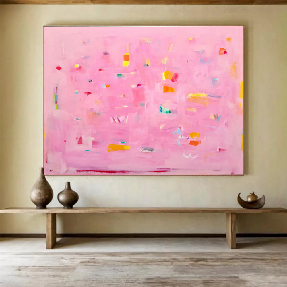 Pink Abstract with Colorful Accents - Playful Shapes and Soft Hues Painting On Canvas DKH051