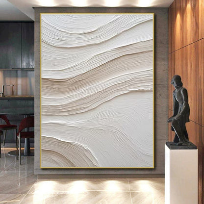 White - Beige Wavy Textures, “Cloud Drift” - Textured Abstract Plaster Painting CT0722