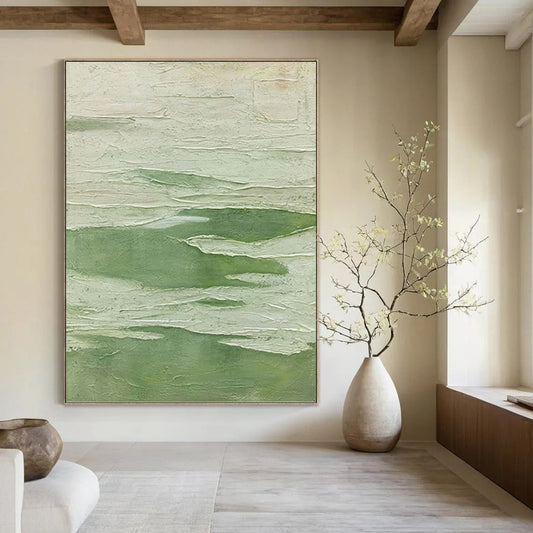 “Textured Green & White Layers” - Green & White Textured Abstract Painting On Canvas DKH1217