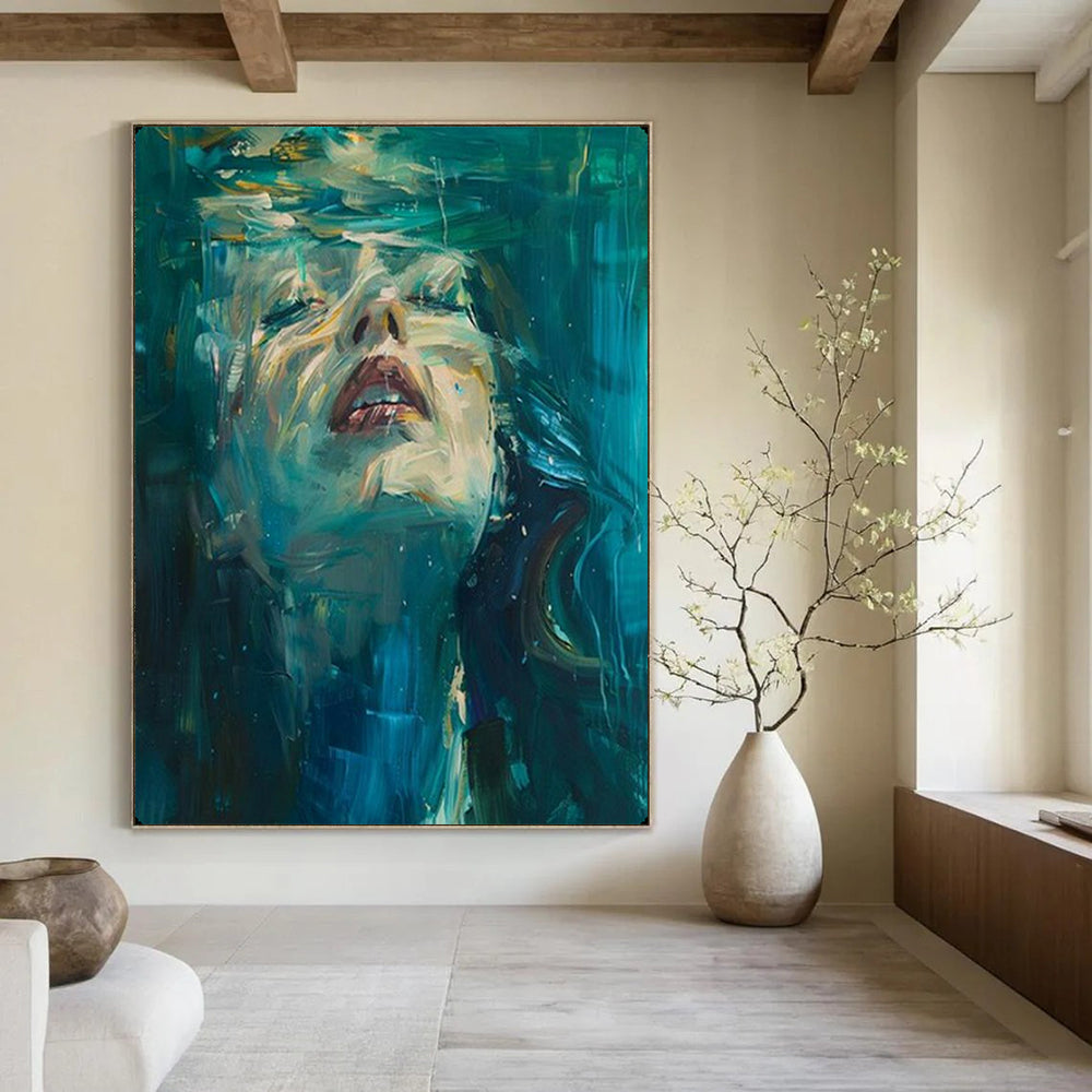 “Underwater Serenity in Teal” – Impasto Portrait Painting On Canvas CT2121