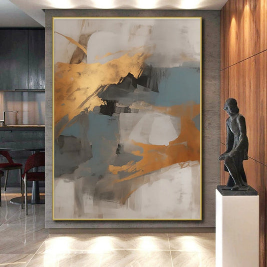“Gray - Gold - Blue Abstract Blocks” ，Abstract Acrylic Painting CT0848