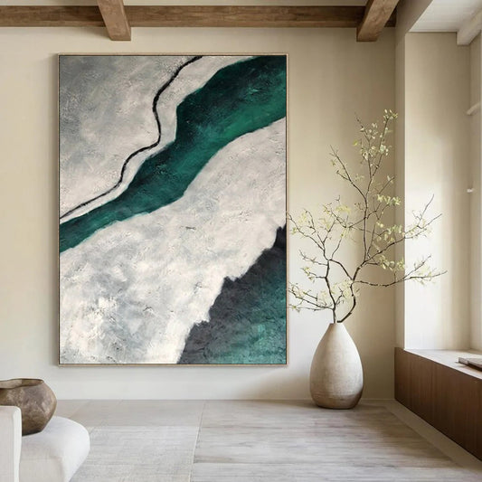 “Gray, Teal, Black Textured River ‘Ethereal Flow’” - Impasto Abstract Painting On Canvas DTP403