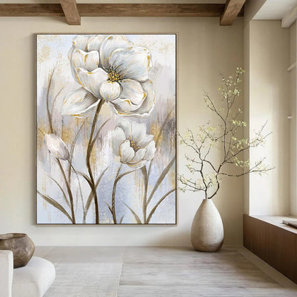 “Elegant White Blossoms: Gold - Accented Floral Art” - Mixed - Media on Canvas CT1906