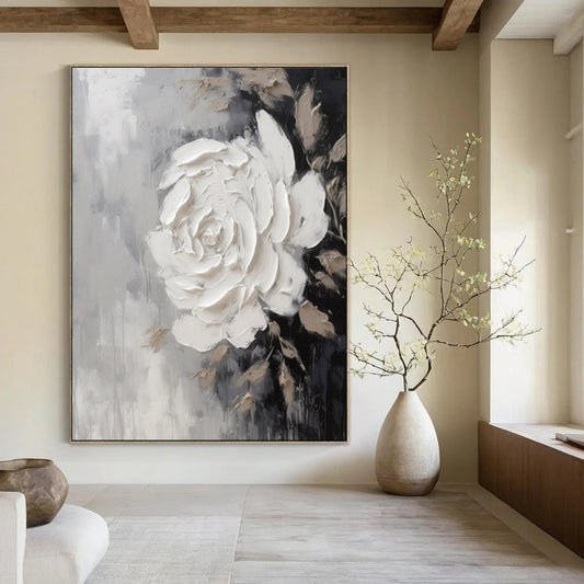 “Textured White Rose on Gray” – Floral Impasto Painting On Canvas CT2104