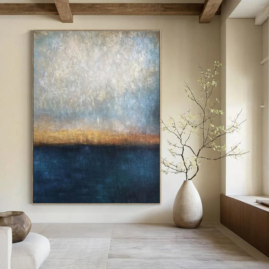 Muted Blues, Greys & Golds, Horizon Line - "Eternal Dusk" - Abstract Landscape Oil Painting CT1441