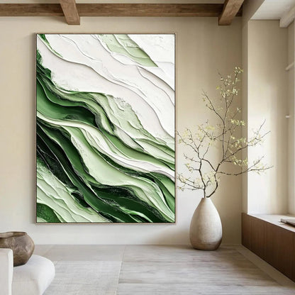“Emerald and Ivory Waves” – Textured Abstract Acrylic Art CT2069