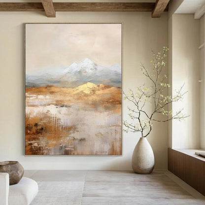 Golden Desert and Snowy Peaks - Abstract Landscape Oil CT1219