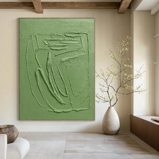 Green Textured Relief - Minimalist Textured Sculptural Painting On Canvas CT2281