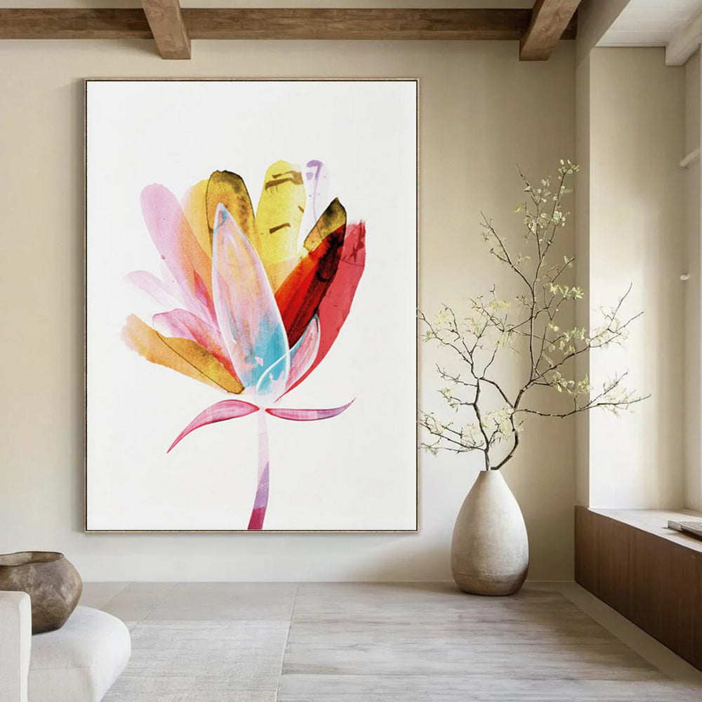 “Vibrant Watercolor Flower” - Pink, Yellow, Blue Watercolor Painting On Canvas DTP215