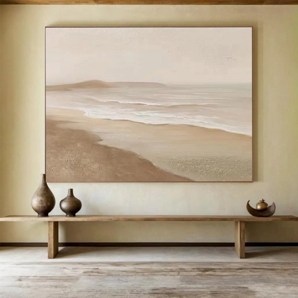 “Beige Seaside Serenity” Impressionist - Style Landscape Painting On Canvas DKH526
