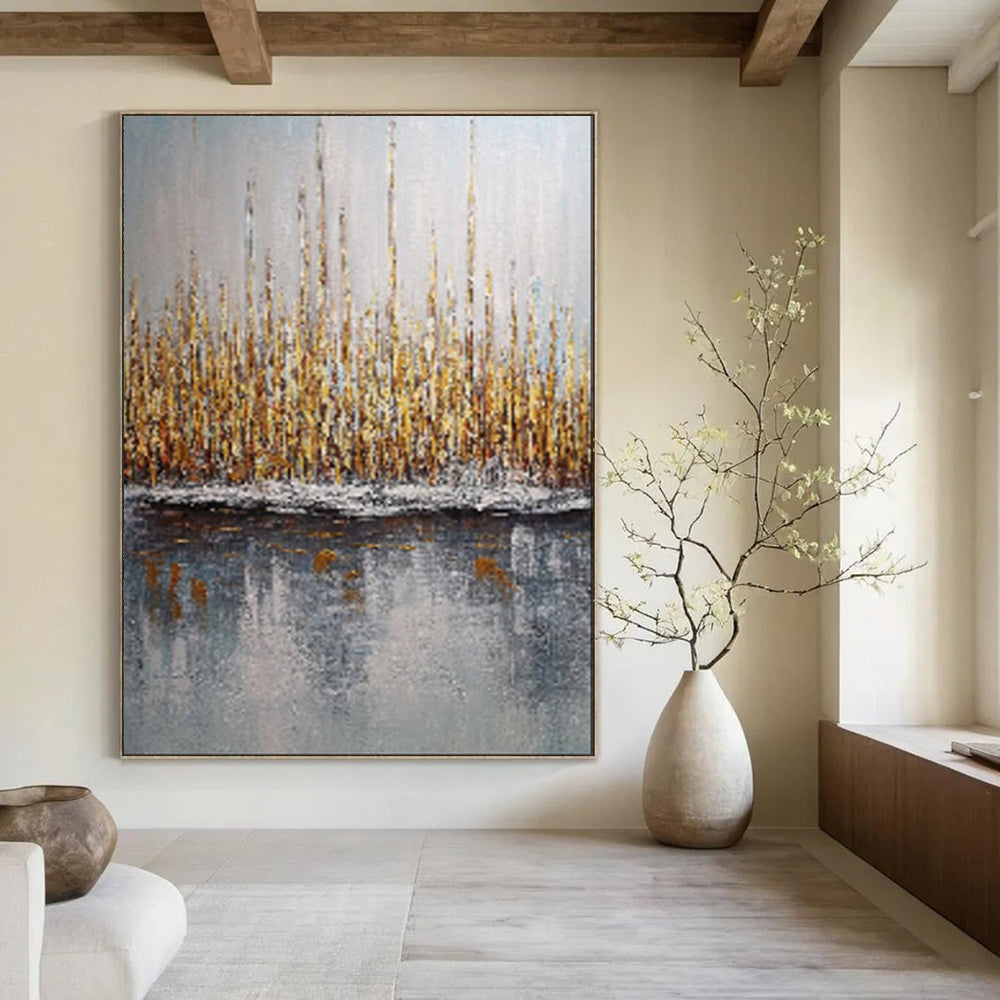 “Golden Reeds by Gray Water” – Landscape Oil Painting On Canvas CT2103