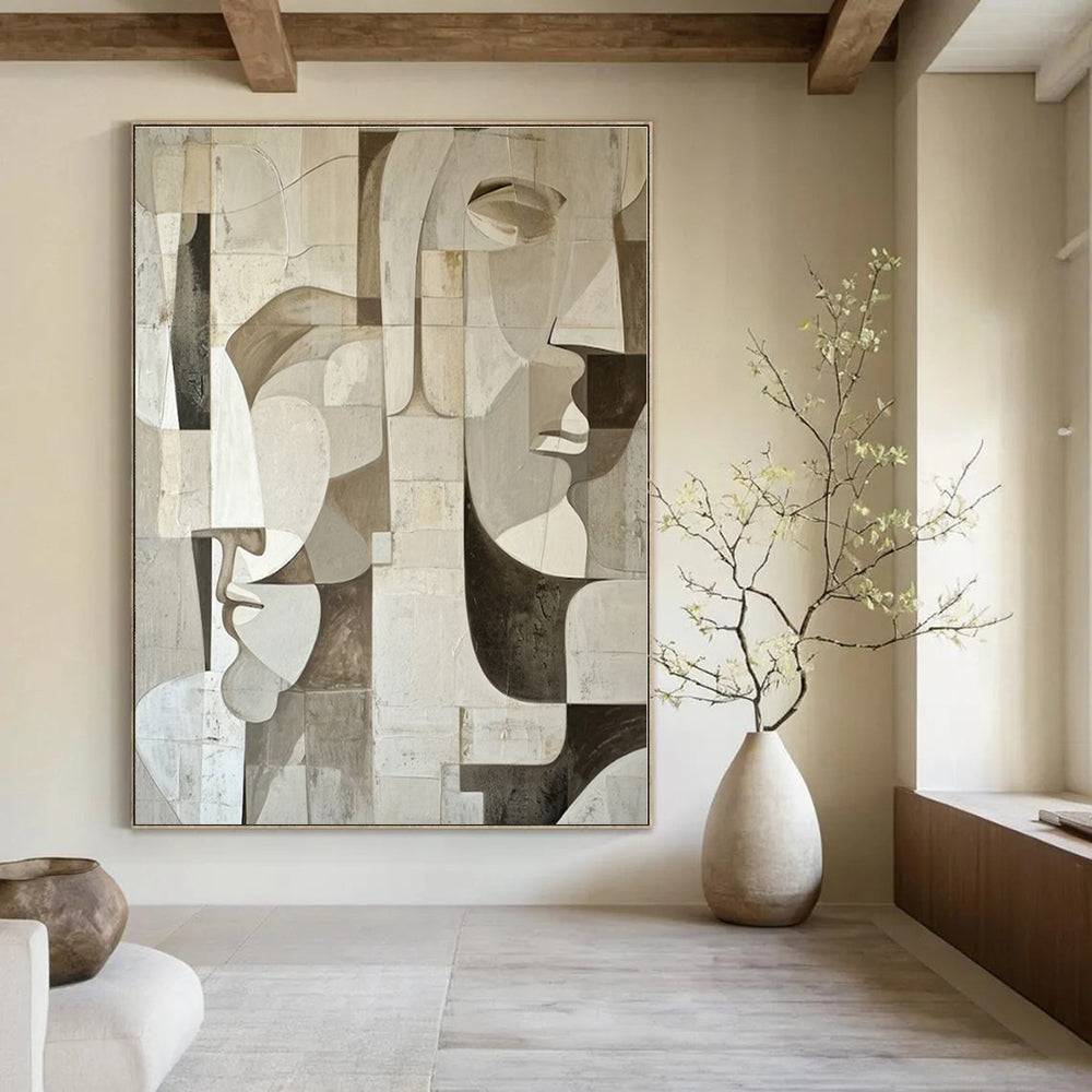 Monochrome Geometric Faces - Cubist - inspired Acrylic Painting CT1388
