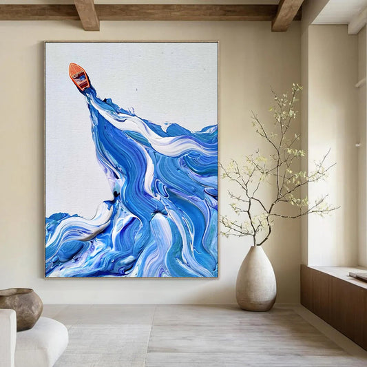 “Blue, White, Orange Boat ‘Ocean Voyage’” - Impasto Sea & Boat Painting On Canvas DTP321