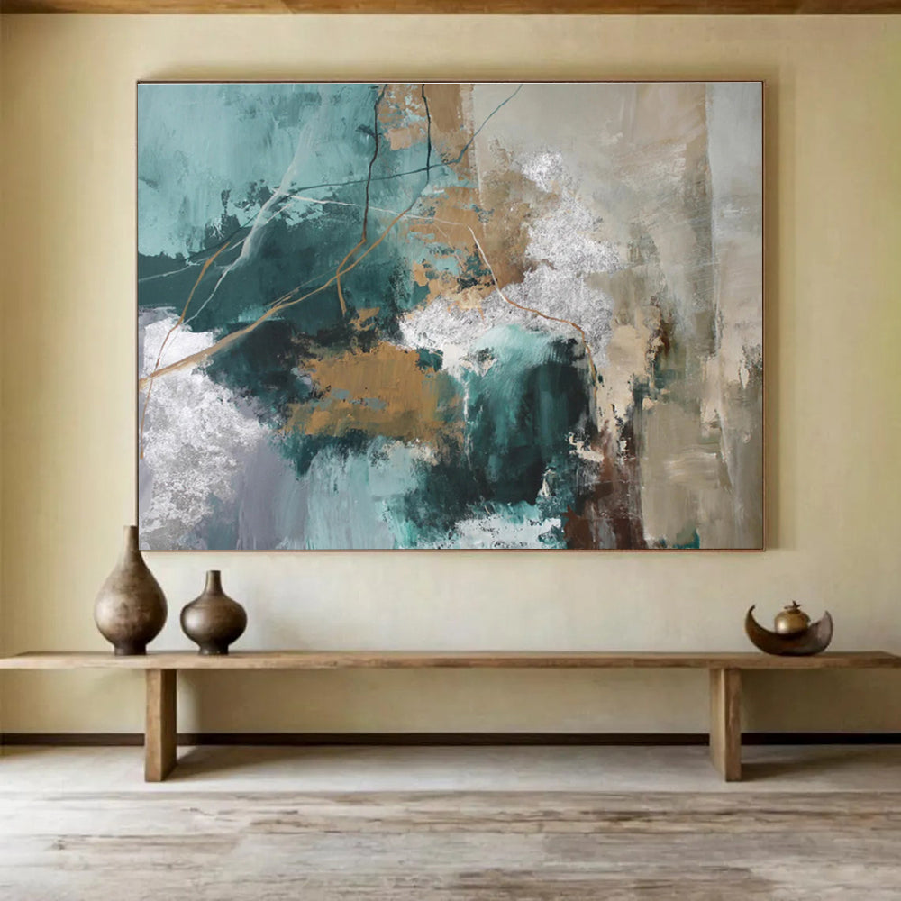 “Teal - Gold Abstract Pathways” Abstract Acrylic Painting On Canvas DKH513