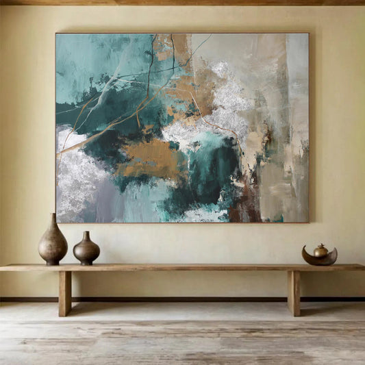 “Teal - Gold Abstract Pathways” Abstract Acrylic Painting On Canvas DKH513