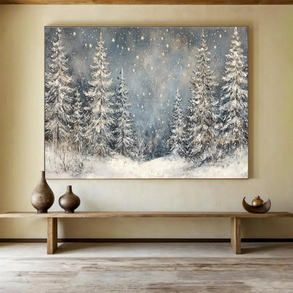 “Snowy Forest Starry Night” - Enchanting Winter Painting On Canvas DKH810