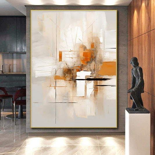 “Beige - Orange - Gray Abstract Grid” ，Abstract Acrylic Painting CT0823