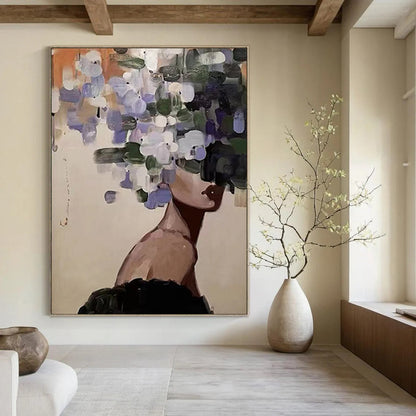 “Flower - Headed Figure” - Purple, Green, Beige Figurative Painting On Canvas DTP309