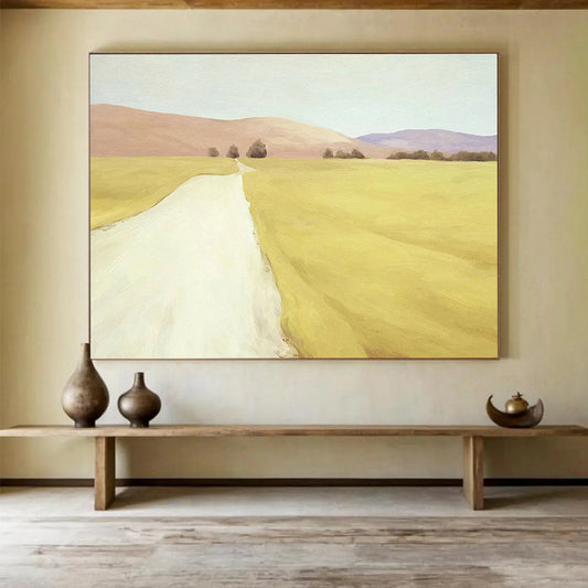 “Golden Path to Distant Hills” - Yellow, Beige, Purple Realistic Landscape Painting On Canvas DKH742
