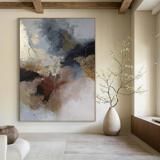 “Neutral & Gold Abstract Fusion” - Gray, Brown, Gold & White Expressionistic Painting On Canvas DKH1017