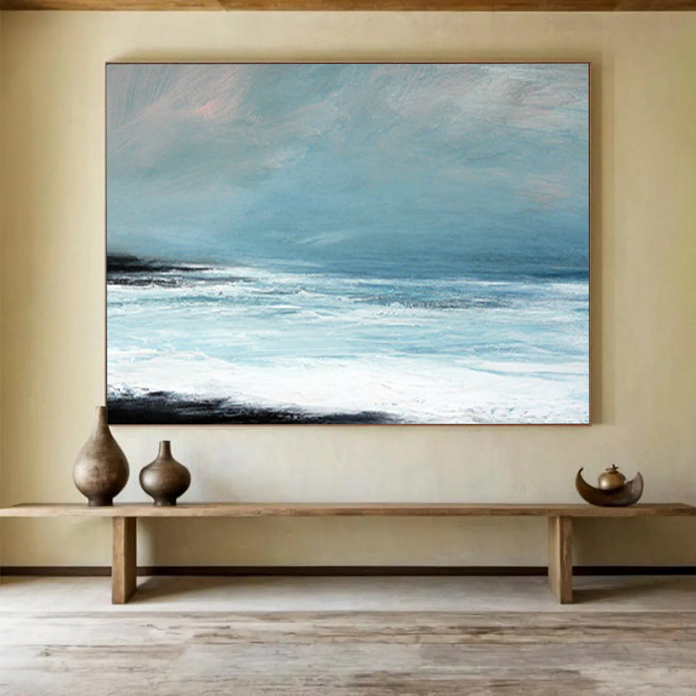 “Light Blue, White, Calm Ocean ‘Serene Seaside Hush’” - Minimalist Seascape Painting On Canvas DLZ032