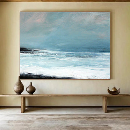 “Light Blue, White, Calm Ocean ‘Serene Seaside Hush’” - Minimalist Seascape Painting On Canvas DLZ032