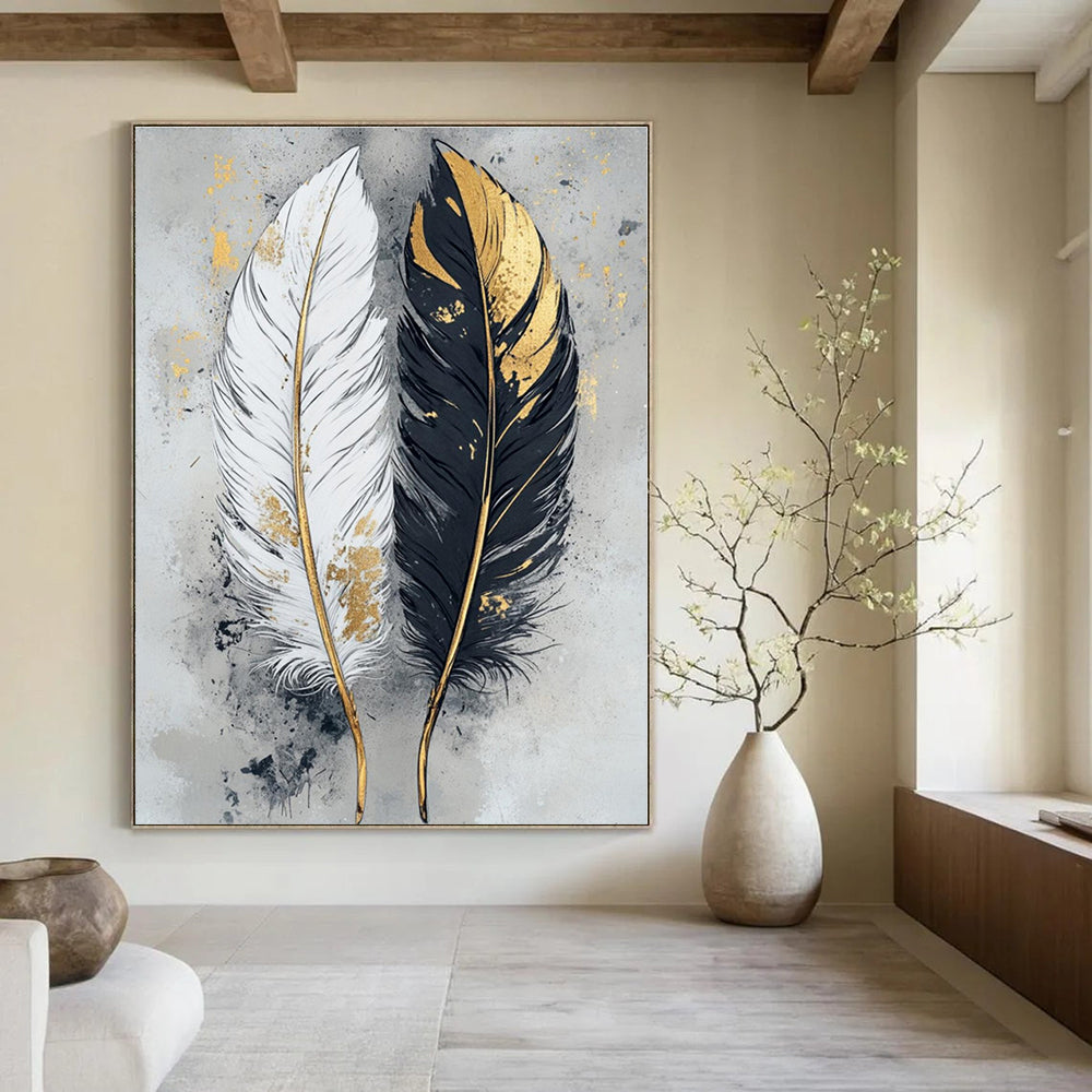 Gold - Accented Feathers - Abstract Nature Mixed - Media CT1262