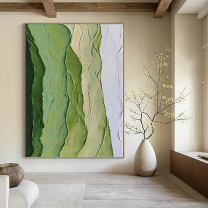 “Green Textured Ridges” - Green & White Impasto Abstract Painting On Canvas DKH1196