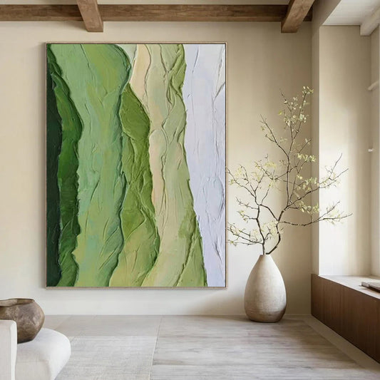 “Green Textured Ridges” - Green & White Impasto Abstract Painting On Canvas DKH1196
