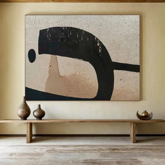Worn Geometric Markings in Beige and Black, Abstract Vintage - Inspired Painting On Canvas DKH587