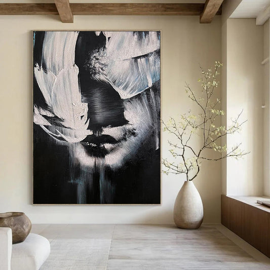 “Black, White Abstract Face ‘Mystery in Monochrome’” - Textured Figurative Painting On Canvas DTP331