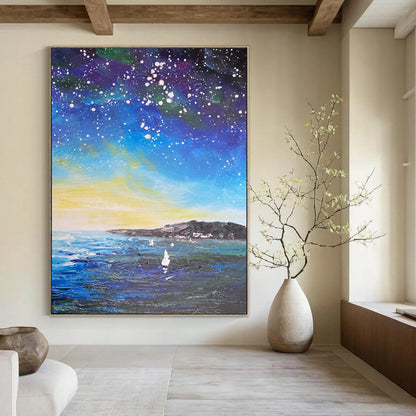 “Celestial Coastal Sail: Impressionist Night Sky Art” - Impasto Oil on Canvas CT1902