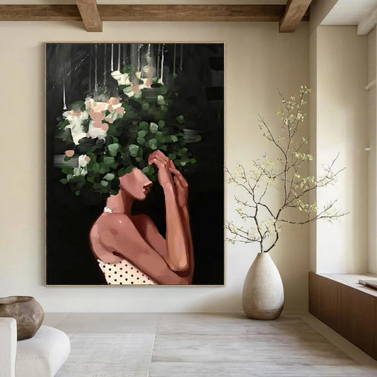“Black, Green, White Floral Head ‘Botanical Elegance’” - Figurative Flower Painting On Canvas DTP323