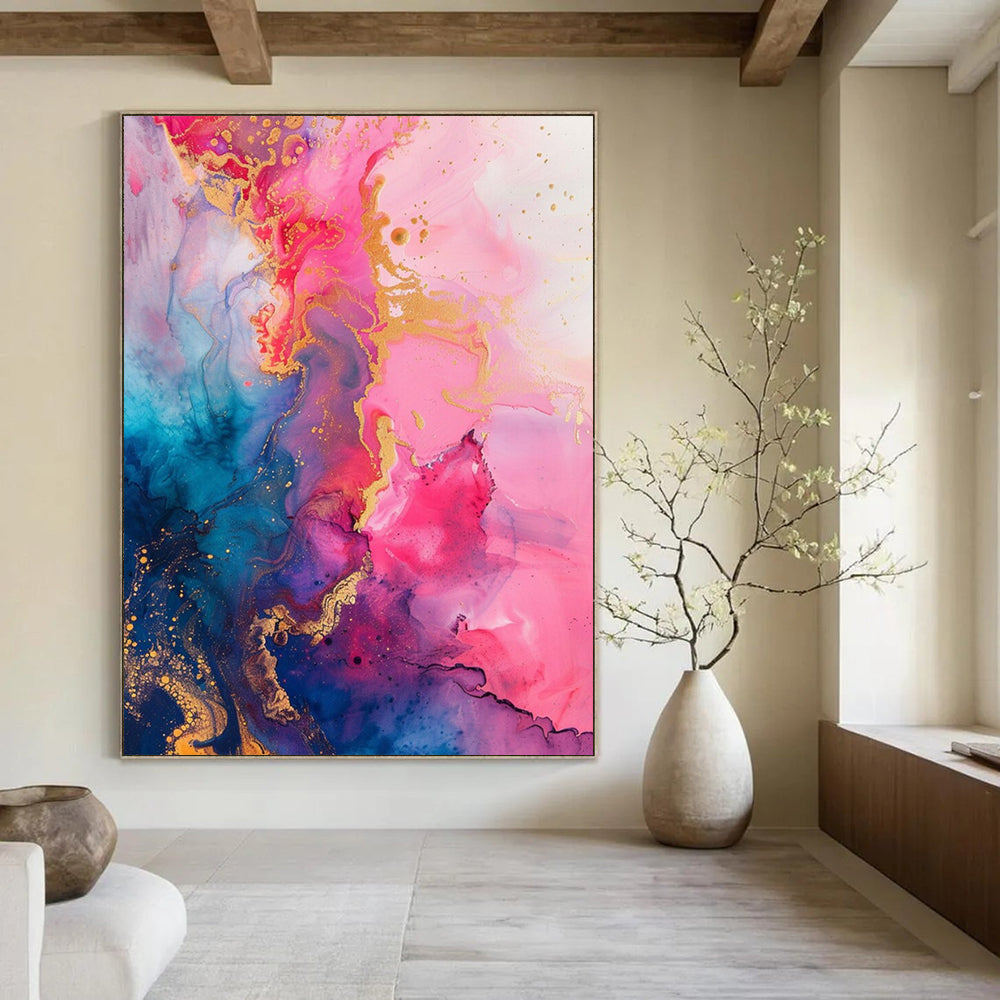 “Pink - Blue Gold Swirl” - Pink, Blue, Gold Fluid Abstract Painting On Canvas DTP286